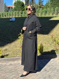 Miss Dalida 2268284 Siyah Nakış Detaylı Düğmeli Keten Uzun Kap