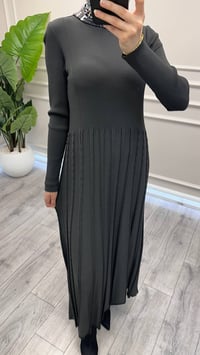 Miss Dalida 3264002 Haki İnce Fitilli Plise Detaylı Triko Elbise