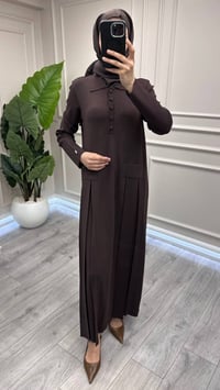 Miss Dalida 3264007 Kahve Pile Detaylı Gömlek Yaka Uzun Elbise