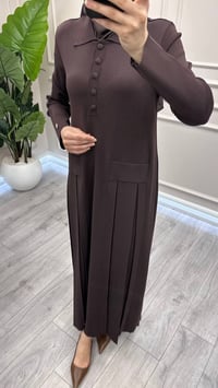 Miss Dalida 3264007 Kahve Pile Detaylı Gömlek Yaka Uzun Elbise