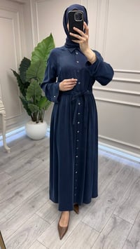 Miss Dalida 3264802 Lacivert Beli Büzgülü Gömlek Yaka Uzun Elbise