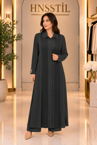 Miss Dalida 3269027 Balıksırtı Desenli Gömlek Yaka Siyah Triko Hırka