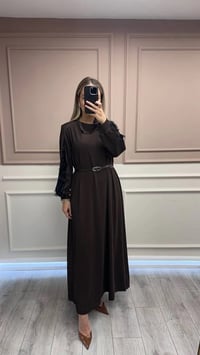 Misswhence 38800 Kahverengi Kadife Detaylı Elbise