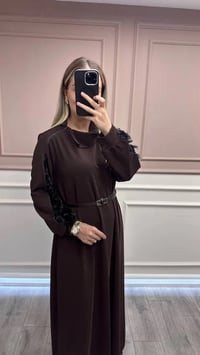 Misswhence 38800 Kahverengi Kadife Detaylı Elbise