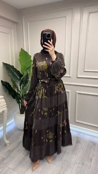 Misswhence 39843 Kahverengi Şerit Detaylı Desenli Elbise