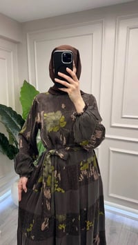 Misswhence 39843 Kahverengi Şerit Detaylı Desenli Elbise