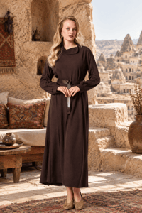 Misswhence 40821 Kahverengi Kol Detay Kemerli Elbise