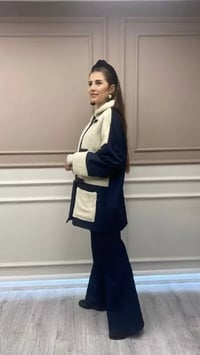 Niqozza QZ1173 Mavi Barein Kürk Cepli Kot Ceket