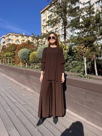 Noi 74105 Kahverengi Krep Jarse Pantolon Etekli Takım