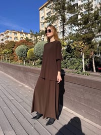 Noi 74105 Kahverengi Krep Jarse Pantolon Etekli Takım