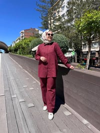 Wennora 1022 Bordo Taş İşleme Detaylı Keten Takım