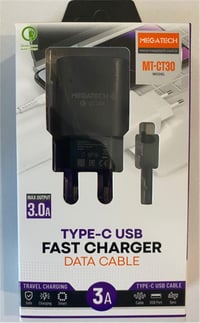 Megatech Mt-CT30 Siyah QD 3.0a Usb Ev Şarj Kafa+ Type-C Şarj Kablosu