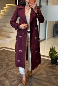 Düğme ve Toka Detaylı Şık Süet Trenç K8088 Bordo