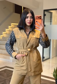 Kare Detaylı Yelekli İkili Takım  K1919 Bej