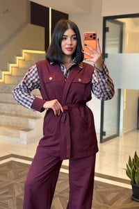 Kare Detaylı Yelekli İkili Takım K1919 Bordo