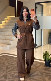 Kare Detaylı Yelekli İkili Takım Lacivert K1919 Kahve