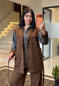 Kare Detaylı Yelekli İkili Takım Lacivert K1919 Kahve