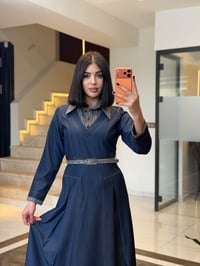 Kareli Gömlek Yaka Detaylı Kemerli Kot Elbise K1892 Lacivert