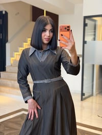 Kareli Gömlek Yaka Detaylı Kemerli Kot Elbise K1892 Kahve