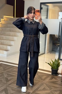 Kareli Yaka Detaylı Kemerli Denim İkili Takım K1877