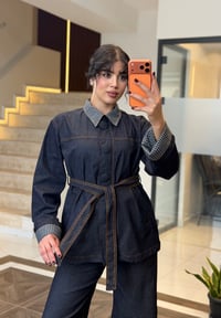 Kareli Yaka Detaylı Kemerli Denim İkili Takım K1877