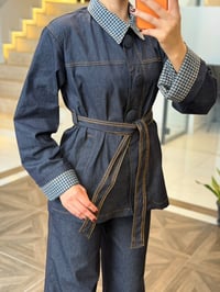 Kareli Yaka Detaylı Kemerli Denim İkili Takım K1877