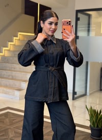 Kareli Yaka Detaylı Kemerli Denim İkili Takım K1877 Siyah