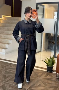 Kareli Yaka Detaylı Kemerli Denim İkili Takım K1877