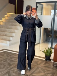 Kareli Yaka Detaylı Kemerli Denim İkili Takım K1877 Siyah