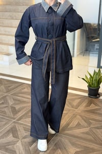 Kareli Yaka Detaylı Kemerli Denim İkili Takım K1877