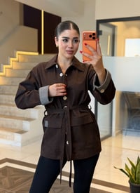 Kolları Ekose Desen Detaylı Kuşaklı Kahverengi Ceket K1874 Kahverengi