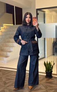Kruvaze Bağlamalı Denim Ceket & Pantolon Takım K1889 Lacivert