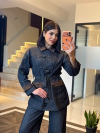 Kruvaze Bağlamalı Denim Ceket & Pantolon Takım K1889 Lacivert
