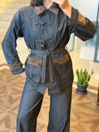 Kruvaze Bağlamalı Denim Ceket & Pantolon Takım K1889 Siyah