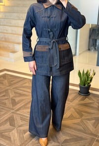 Kruvaze Bağlamalı Denim Ceket & Pantolon Takım K1889 Lacivert