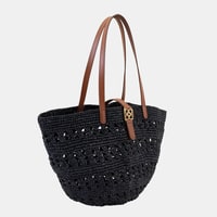 Amelie Siyah Kadın Deri Detaylı Hasır Omuz Çantası