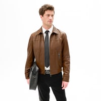 Erkek Taba Fermuarlı Gömlek Yaka Deri Ceket