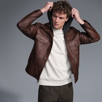 Giosue Kahve Erkek Kapüşonlu Deri Ceket