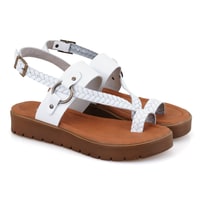 Kadın Beyaz Ayarlanabilir Tokalı Deri Sandalet