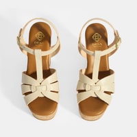 Kadın Beyaz Toka Aksesuarlı T-Bant Deri Dolgu Topuklu Sandalet