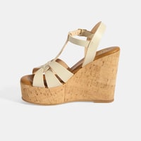 Kadın Beyaz Toka Aksesuarlı T-Bant Deri Dolgu Topuklu Sandalet