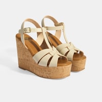 Kadın Beyaz Toka Aksesuarlı T-Bant Deri Dolgu Topuklu Sandalet