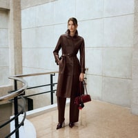 Kadın Bordo Yakalı Deri Trençkot