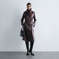 Kadın Bordo Yakalı Deri Trençkot