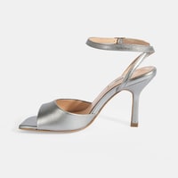 Kadın Gümüş Ayarlanabilir Tokalı Deri Abiye Topuklu Sandalet