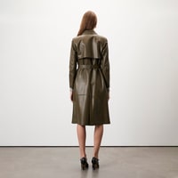 Kadın Haki Uzun Gömlek Yaka Deri Trençkot