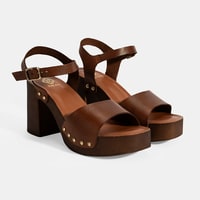 Kadın Kahve Ayarlanabilir Tokalı Deri Topuklu Sandalet