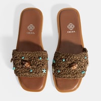 Kadın Kahve Boncuk İşlemeli Hasır Terlik