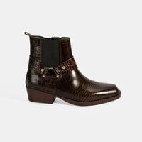 Kadın Kahve Kroko Baskılı Lastik Detaylı Deri Bot