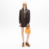 Kadın Kahve Lazer Kesimli Geometrik Desenli Deri Gömlek